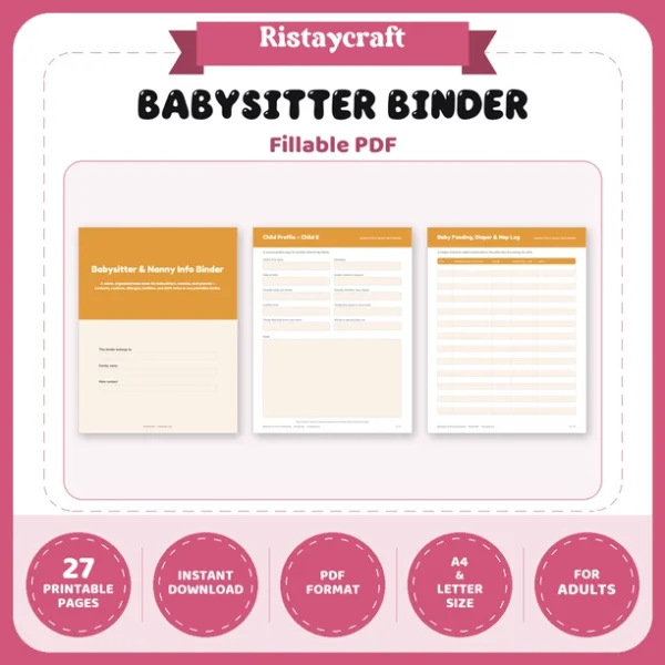 Babysitter Binder Printable | Nanny Info Sheet | Emergency Contacts, Child Profile, Bedtime Routine, Sitter Notes | Instant Download PDF