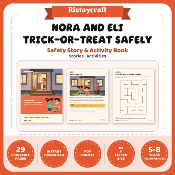 Halloween Safety for Kids Printable | 29-Page Trick-or-Treat Safety Workbook Ages 5–8 | Costume Flashlight Crosswalk Activities