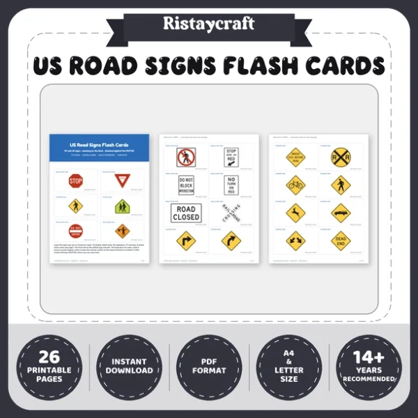 US Road Signs Flash Cards | 75 Real US Traffic Signs with Meanings | Driver’s Ed & Permit Test Study Cards | Printable PDF