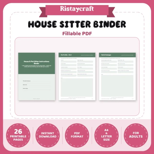 House Sitter Binder Printable | Pet Sitter Instructions | Home Info, Pet Care, Plant Care, Daily Log | Instant Download PDF