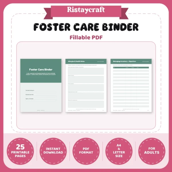 Foster Care Binder Printable | Foster Parent Organizer | Placement, Medical, School & Contact Log | Instant Download PDF