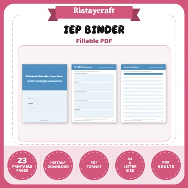 IEP Binder Printable | Special Education Parent Organizer | 504 Plan Meeting Notes, Goals Tracker & Communication Log | PDF