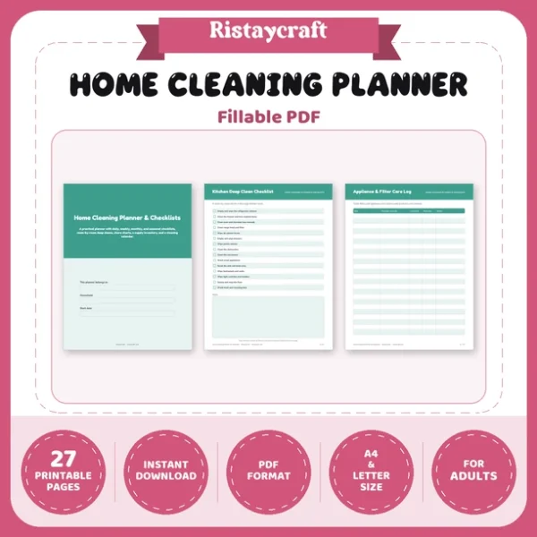 Home Cleaning Planner Printable | Cleaning Checklists, Chore Chart, Deep Clean Room Lists, Supplies Inventory & Calendar | Fillable PDF