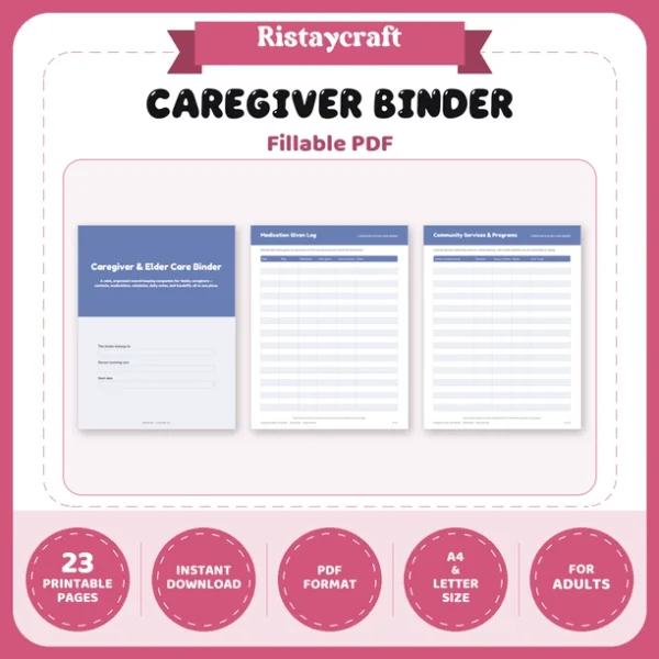 Caregiver Binder Printable | Elder Care Organizer | Medication, Appointments, Care Schedule & Handoff Log | Instant Download PDF