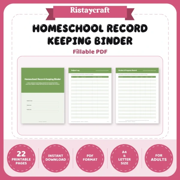 Homeschool Record Keeping Binder Printable | Attendance & Hours Log, Reading List, Field Trip Log, Portfolio Tracker | PDF