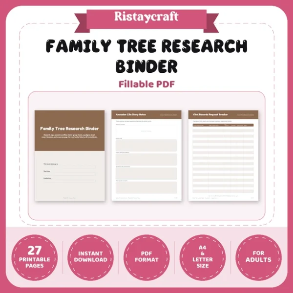 Family Tree Research Binder Printable | Genealogy Organizer | Pedigree Chart, Family Group Sheets, Census Log | Fillable PDF