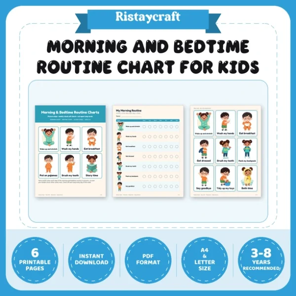 Morning and Bedtime Routine Chart for Kids | Visual Picture Routine Cards & Weekly Checklist | Printable Toddler Preschool Ages 3-8