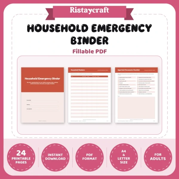 Household Emergency Binder Printable | Family Emergency Plan | Contacts, Documents, Kit Checklist, Pets | Fillable PDF Instant Download