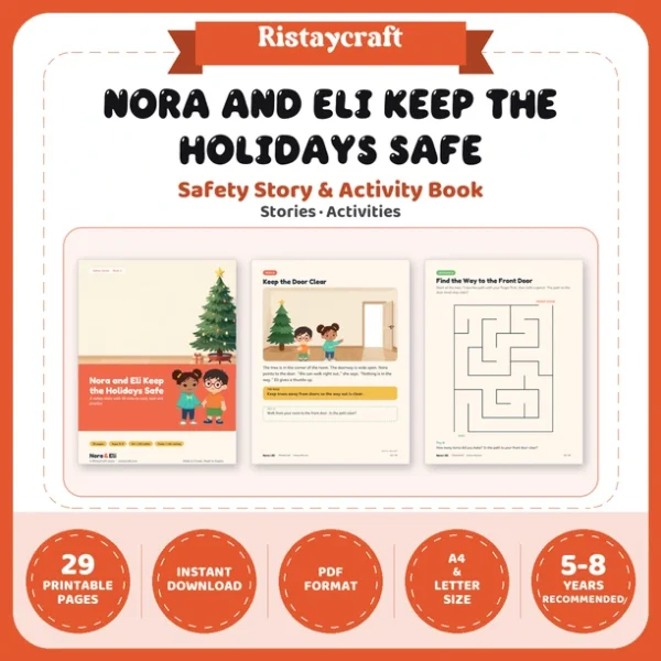 Holiday Safety for Kids Printable | 29-Page Christmas Tree Candle and Lights Safety Workbook Ages 5–8 | December Activities