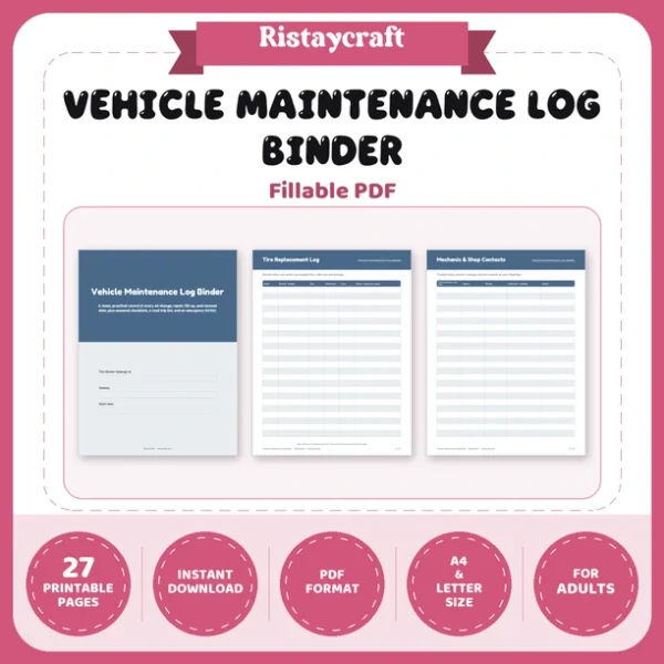 Vehicle Maintenance Log Binder Printable | Car Service Record, Oil Change Log, Fuel Log, Repair Log | Fillable PDF Download