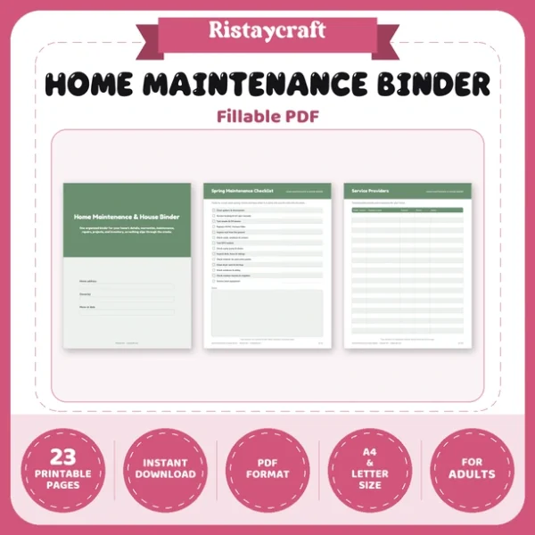 Home Maintenance Binder Printable | House Binder | Appliance Log, Repair Log, Seasonal Checklists, Home Inventory | Fillable PDF