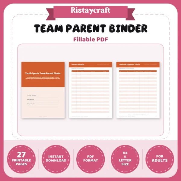 Team Parent Binder Printable | Youth Sports Manager Organizer | Roster, Snack Schedule, Carpool Log, Game Day Checklist | Instant PDF