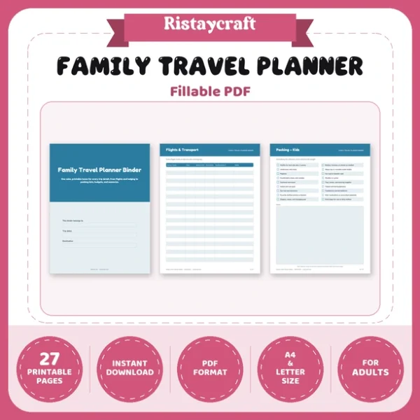 Family Travel Planner Printable | Vacation Binder PDF | Itinerary, Packing List, Budget, Documents Checklist | Instant Download