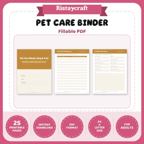Pet Care Binder Printable | Dog & Cat Health Record, Vaccination Log, Feeding Schedule, Pet Sitter Sheet | Instant Download PDF