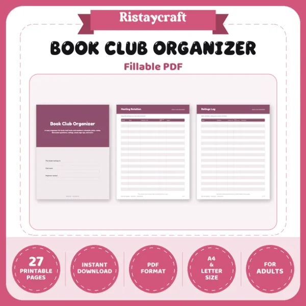 Book Club Organizer Printable | Member List, Meeting Schedule, Book Votes, Hosting Rotation & Ratings Log | Fillable PDF Planner