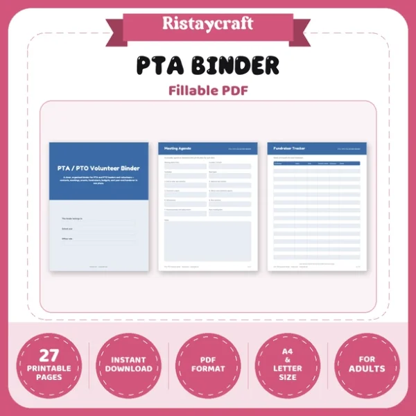PTA Binder Printable | PTO Volunteer Organizer | Meeting Minutes, Event Planner, Fundraiser Tracker, Budget Log | Instant Download PDF