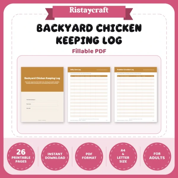 Backyard Chicken Keeping Log Printable | Flock Roster, Egg Production, Feed, Coop Cleaning, Hatching Log | Fillable PDF Download