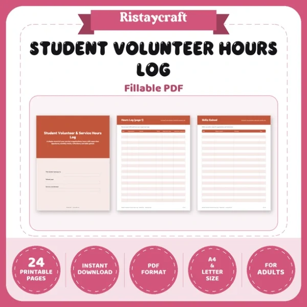 Student Volunteer Hours Log Printable | Community Service Tracker with Supervisor Signature | Instant Download PDF