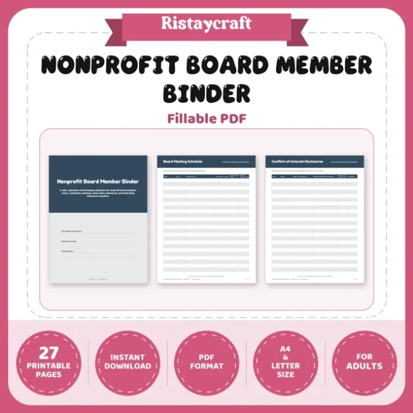 Nonprofit Board Member Binder Printable | Board Roster, Committees, Meeting Notes, Action Items & Donor Log | Fillable PDF Organizer