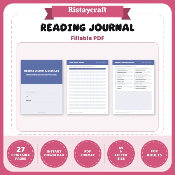 Reading Journal Printable | Book Log, Reading Goals, Book Review Pages, Quotes Log, Series & Library Loan Tracker | Fillable PDF