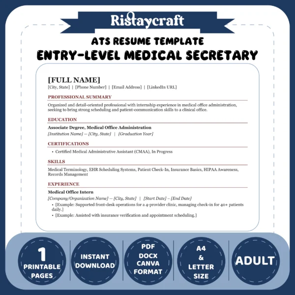 Entry-Level Medical Secretary Resume Template | ATS-Friendly Word & PDF Resume