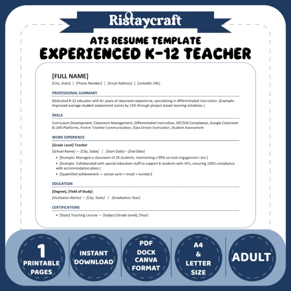 Experienced K-12 Teacher Resume Template | ATS-Friendly Word & PDF Resume