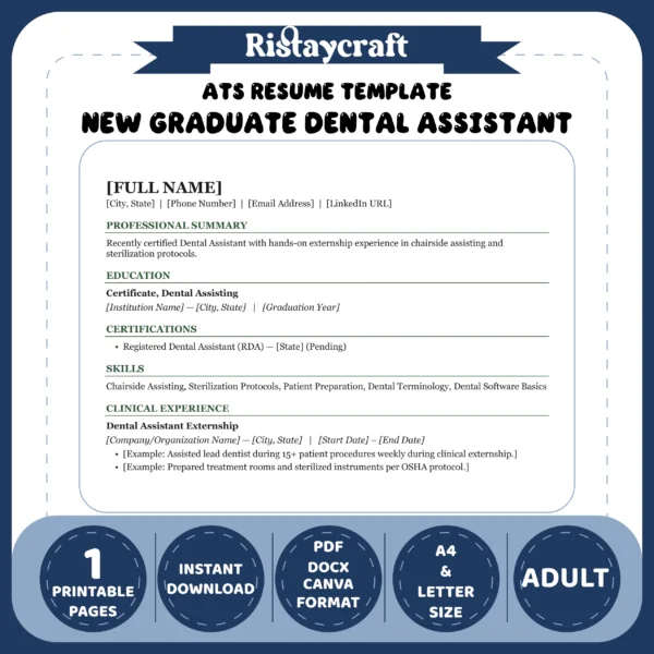 New Graduate Dental Assistant Resume Template | ATS-Friendly Word & PDF Resume