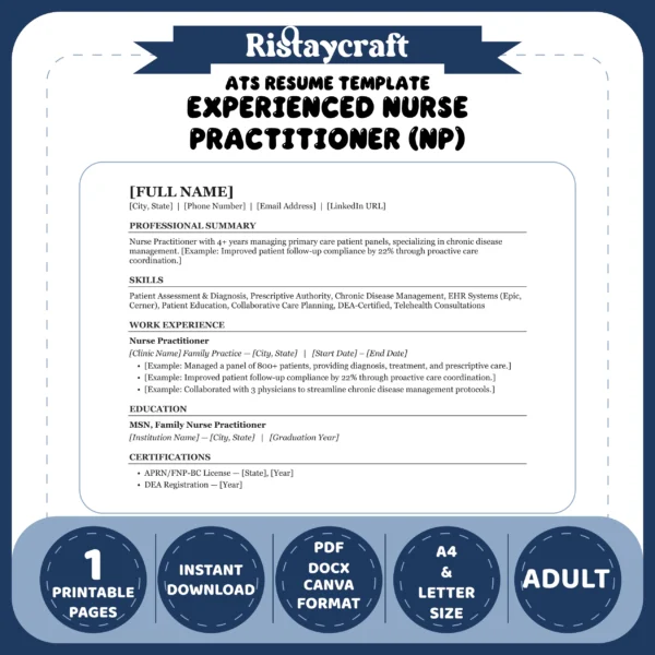 Experienced Nurse Practitioner (NP) Resume Template | ATS-Friendly Word & PDF Resume
