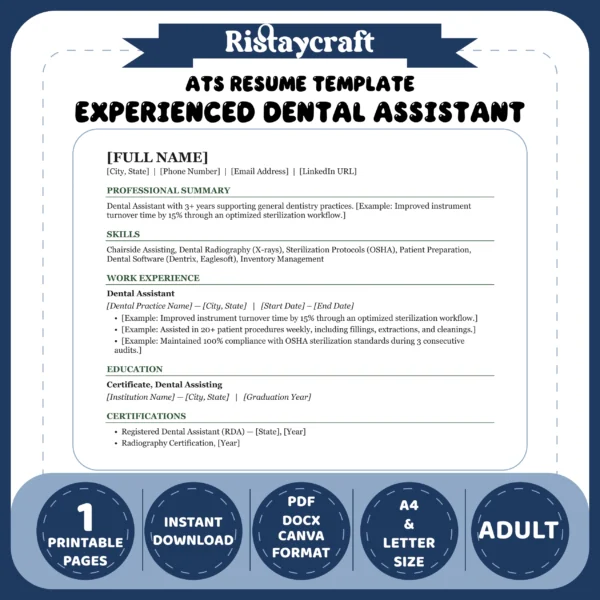 Experienced Dental Assistant Resume Template | ATS-Friendly Word & PDF Resume