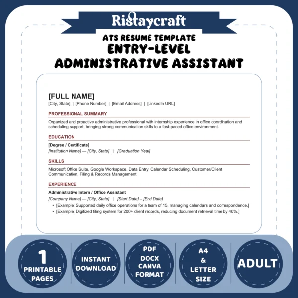 Entry-Level Administrative Assistant Resume Template | ATS-Friendly Word & PDF Resume