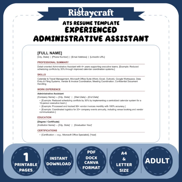 Experienced Administrative Assistant Resume Template | ATS-Friendly Word & PDF Resume