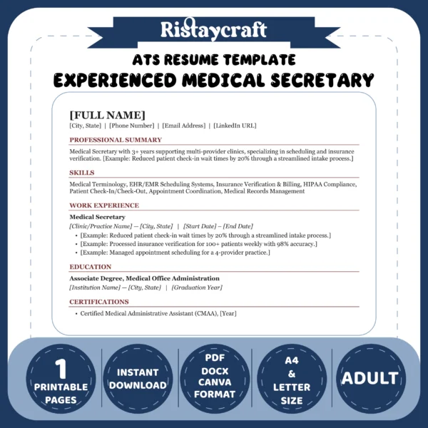 Experienced Medical Secretary Resume Template | ATS-Friendly Word & PDF Resume
