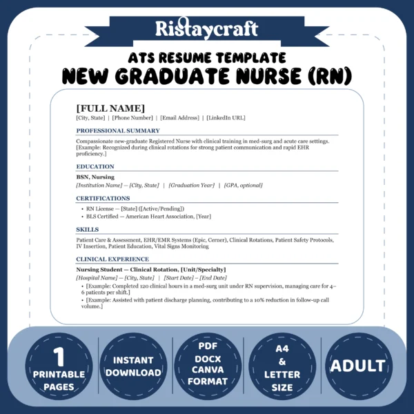 New Graduate Nurse (RN) Resume Template | ATS-Friendly Word & PDF Resume