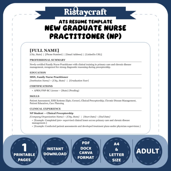 New Graduate Nurse Practitioner (NP) Resume Template | ATS-Friendly Word & PDF Resume