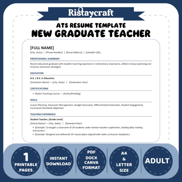 New Graduate Teacher Resume Template | ATS-Friendly Word & PDF Resume