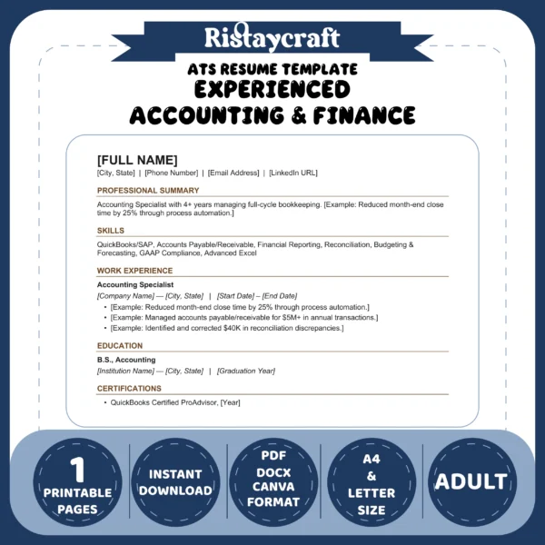 Experienced Accounting & Finance Resume Template | ATS-Friendly Word & PDF Resume