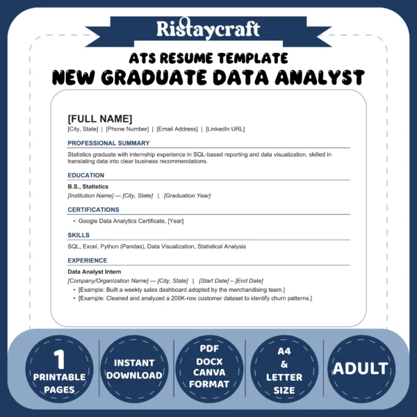New Graduate Data Analyst Resume Template | ATS-Friendly Word & PDF Resume