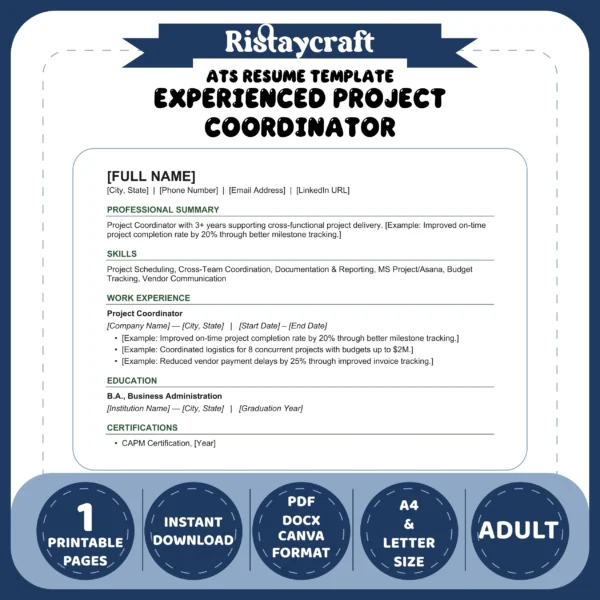 Experienced Project Coordinator Resume Template | ATS-Friendly Word & PDF Resume