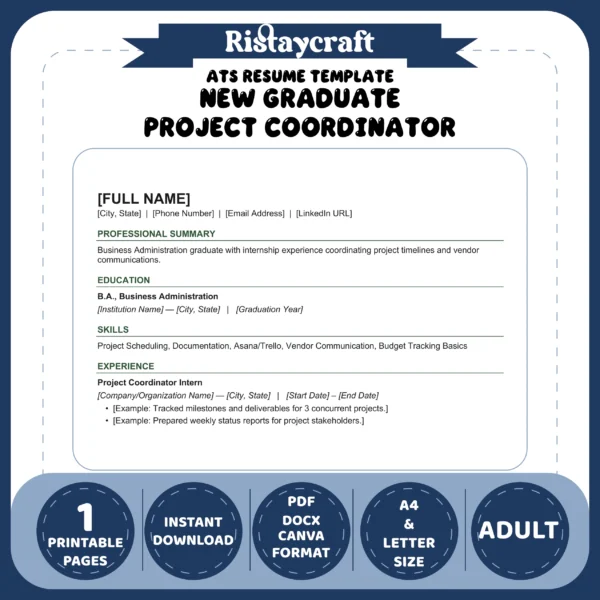 New Graduate Project Coordinator Resume Template | ATS-Friendly Word & PDF Resume