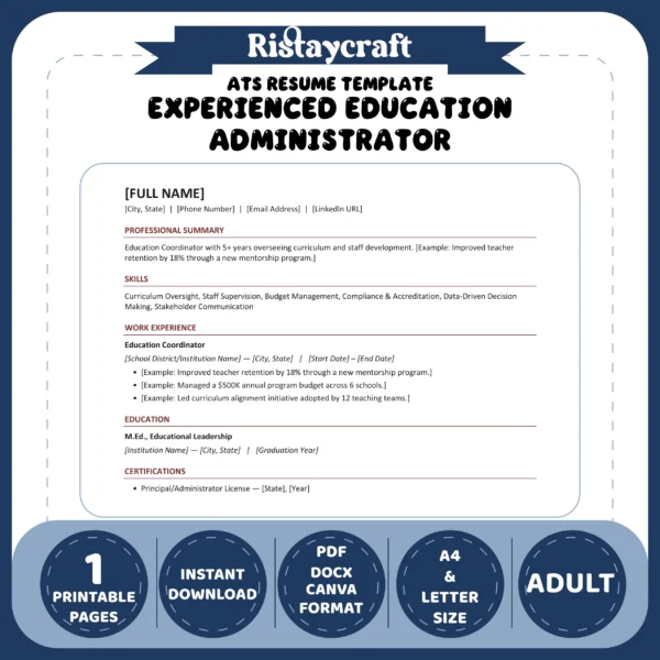 Experienced Education Administrator Resume Template | ATS-Friendly Word & PDF Resume
