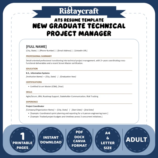 New Graduate Technical Project Manager Resume Template | ATS-Friendly Word & PDF Resume