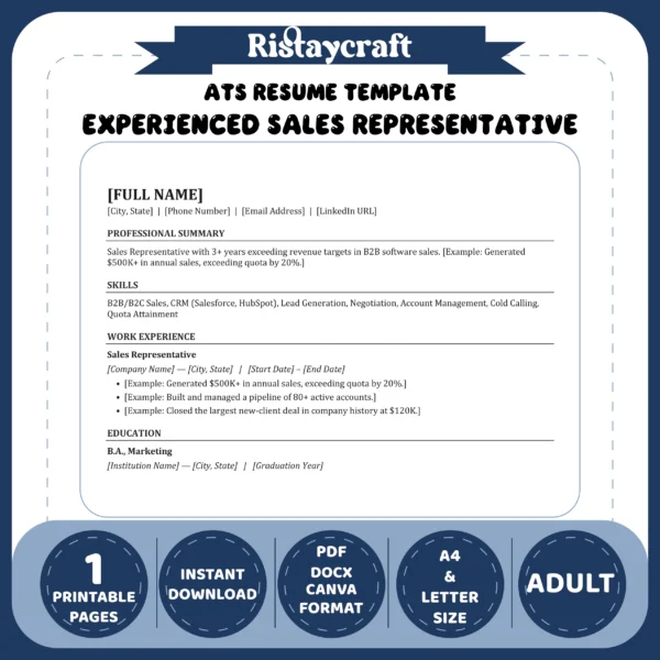 Experienced Sales Representative Resume Template | ATS-Friendly Word & PDF Resume