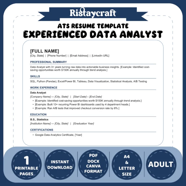 Experienced Data Analyst Resume Template | ATS-Friendly Word & PDF Resume
