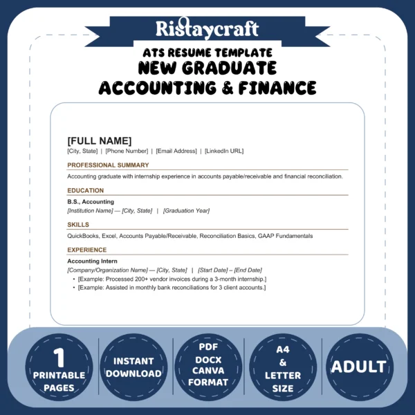 New Graduate Accounting & Finance Resume Template | ATS-Friendly Word & PDF Resume