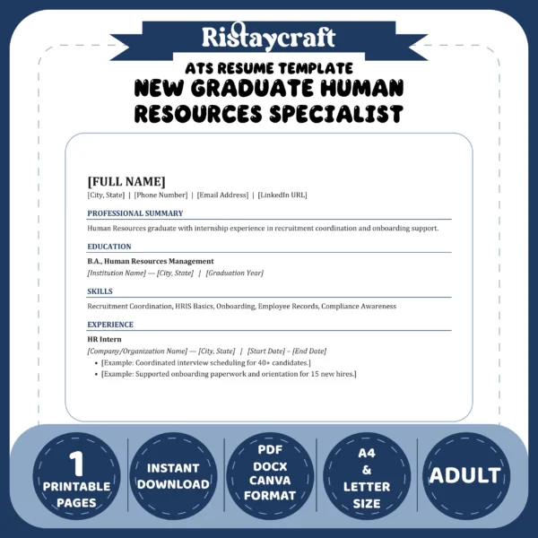 New Graduate Human Resources Specialist Resume Template | ATS-Friendly Word & PDF Resume