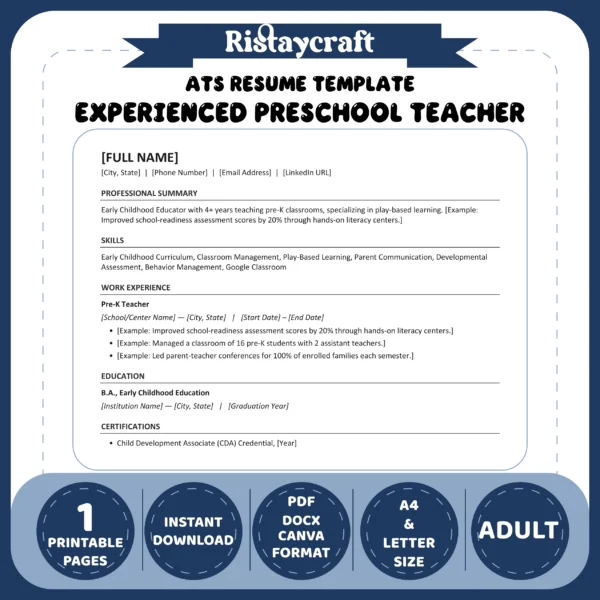 Experienced Preschool Teacher Resume Template | ATS-Friendly Word & PDF Resume