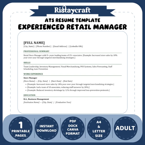 Experienced Retail Manager Resume Template | ATS-Friendly Word & PDF Resume