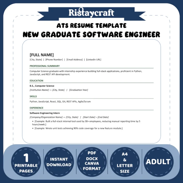 New Graduate Software Engineer Resume Template | ATS-Friendly Word & PDF Resume