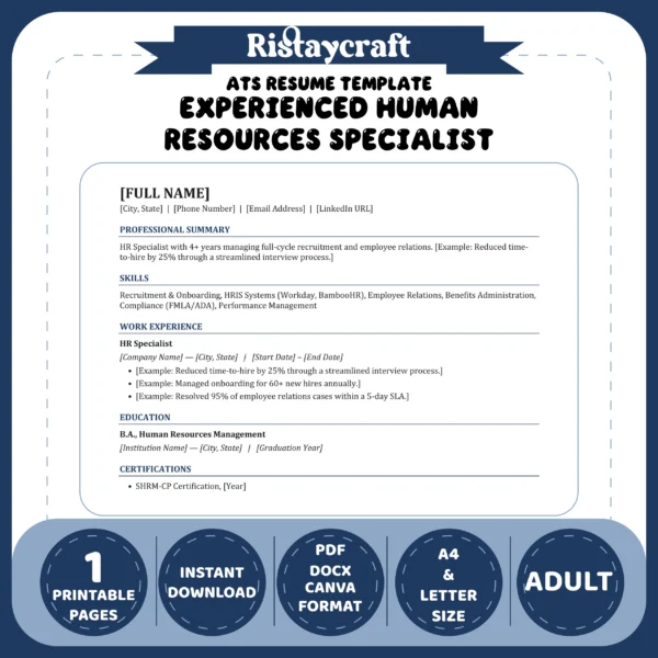 Experienced Human Resources Specialist Resume Template | ATS-Friendly Word & PDF Resume