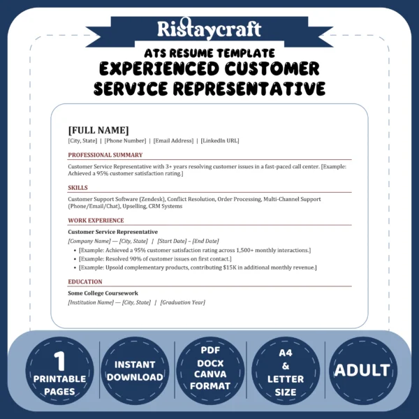 Experienced Customer Service Representative Resume Template | ATS-Friendly Word & PDF Resume